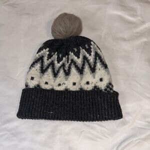 Max Studio Black and Cream Knit Beanie with Pom-Pom